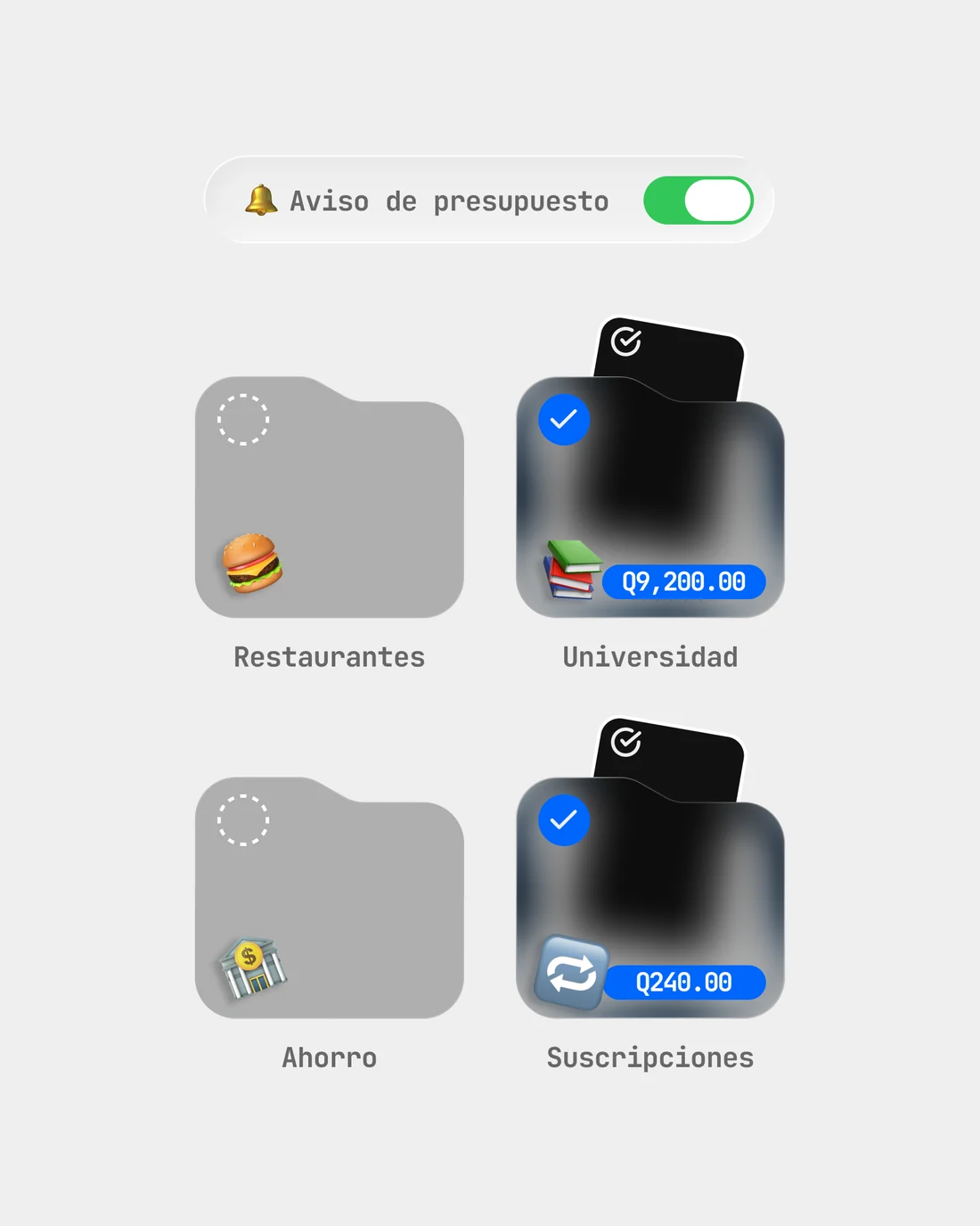 Carpetas de categorías de OffRisk con su presupuesto mensual y el aviso activado