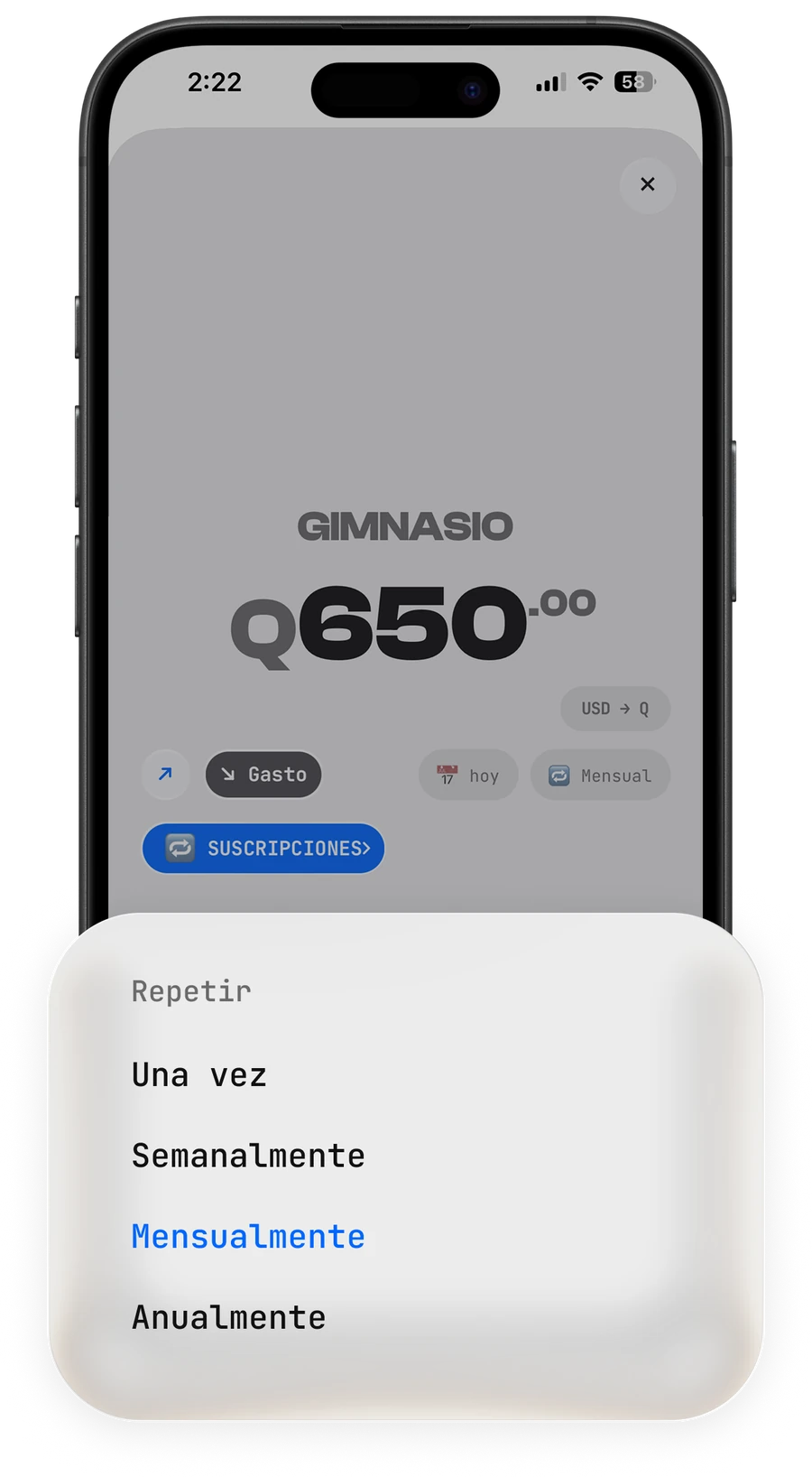 Pantalla de OffRisk configurando un gasto que se repite todos los meses